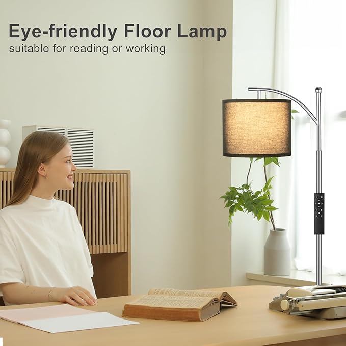 Ambimall Floor Lamp with Remote Control and Stepless Dimmable Bulb, Colors Temperature & Brightness Adjustable, Modern Floor Lamps for Living Room（Black Shade & Silver Pole） - LeafyLoom