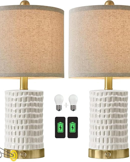 PORTRES 19" Farmhouse 3-Way Dimmable Touch Ceramic Table Lamp Set of 2 for Bedroom White Bedside Lamps with USB A+C Charging Ports for Living room Nightstand Lamp End Table lamps - LeafyLoom