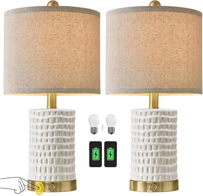 PORTRES 19" Farmhouse 3-Way Dimmable Touch Ceramic Table Lamp Set of 2 for Bedroom White Bedside Lamps with USB A+C Charging Ports for Living room Nightstand Lamp End Table lamps - LeafyLoom