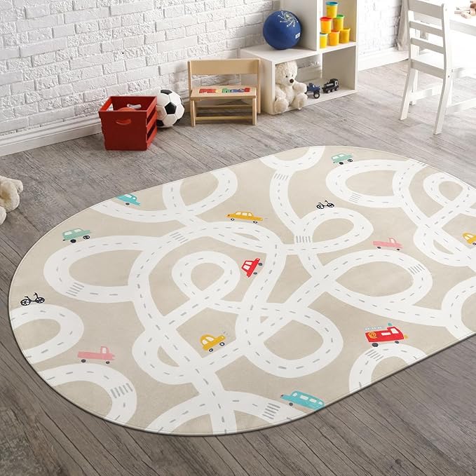 Large Kids Rug for Playroom, 4'x6' Washable Road Rug for Nursery, Non-Slip Car Rug for Boys Room, Tan Traffic Classroom Rug Soft Baby Play Mat for Dorm Toy Room Tent - LeafyLoom