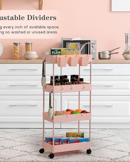 danpinera Slim Storage Cart, 4 Tier Bathroom Cart Organizer Narrow Laundry Cart with Wheels Dividers Hanging Cups Hooks Handle Makeup Lash Cart Shelf Organizer Rack Unit Easy Assembly, Pink - LeafyLoom