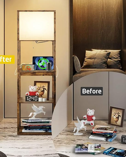 Floor Lamp with Shelves Plus, 4-Tier Wireless Charger Floor Lamp for Living Room Bedroom, USB and Type C Charging Ports 2 AC Power Outlets, 3CCT Color Selectable 15W Bulb(Brown). - LeafyLoom
