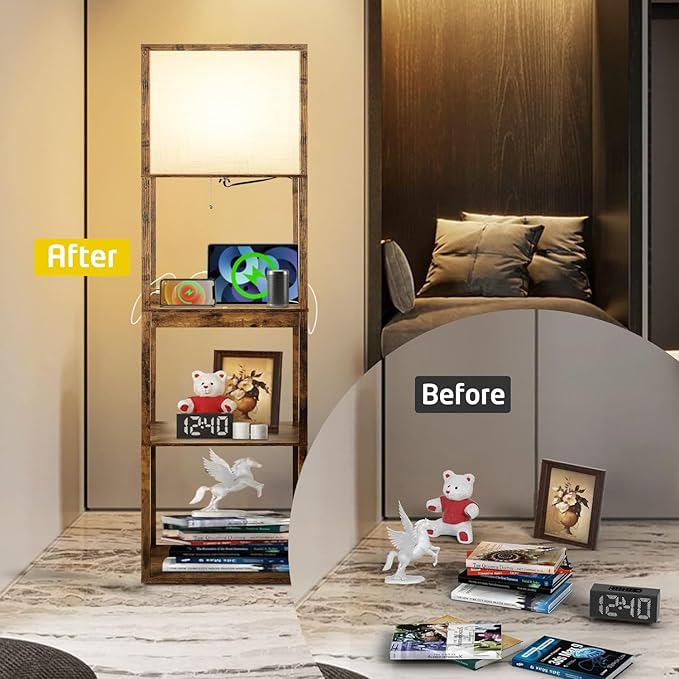 Floor Lamp with Shelves Plus, 4-Tier Wireless Charger Floor Lamp for Living Room Bedroom, USB and Type C Charging Ports 2 AC Power Outlets, 3CCT Color Selectable 15W Bulb(Brown). - LeafyLoom