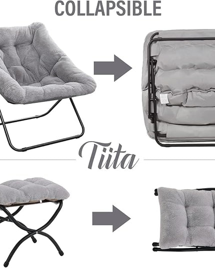 Tiita Saucer Chair with Ottoman, Soft Faux Fur Oversized Folding Accent Chair,Lounge Lazy Chair, Metal Frame Moon Chair for Bedroom, Living Room, Dorm Rooms, Garden and Courtyard - LeafyLoom