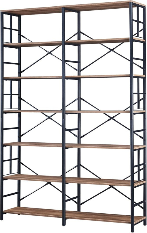 HOMISSUE Tall Bookshelf, 84" Bookshelves and Bookcases Double Wide 7-Tier Bookshelf, Tall Bookcase Wood Style and Metal Open Display Shelves for Living Room Home Office, Rustic Brown - LeafyLoom