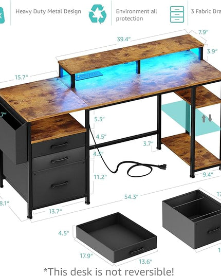 Lufeiya Computer Desk with Fabric File Drawers Cabinet, 55 Inch Home Office Desk with Shelves Monitor Stand, Study Writing Gaming Desks with Led Light Power Outlets for Bedroom, Rustic Brown - LeafyLoom