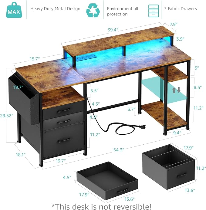 Lufeiya Computer Desk with Fabric File Drawers Cabinet, 55 Inch Home Office Desk with Shelves Monitor Stand, Study Writing Gaming Desks with Led Light Power Outlets for Bedroom, Rustic Brown - LeafyLoom