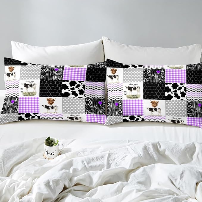 Erosebridal Cute Cow Print Comforter Set King Size Kawaii Highland Cow Bedding Set Bedroom Decor Honeycomb Plaid Pattern Geometric Stripes Down Comforter Farm Animals Duvet Set, Purple Black Grey - LeafyLoom
