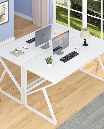 HSH White Desk, Modern Home Office PC Laptop Desk, Large Industrial Metal Wood Desk for Executive Writing Work Study Gaming, Long Student Computer Table for Bedroom Living Room, White Oak, 60 Inch - LeafyLoom