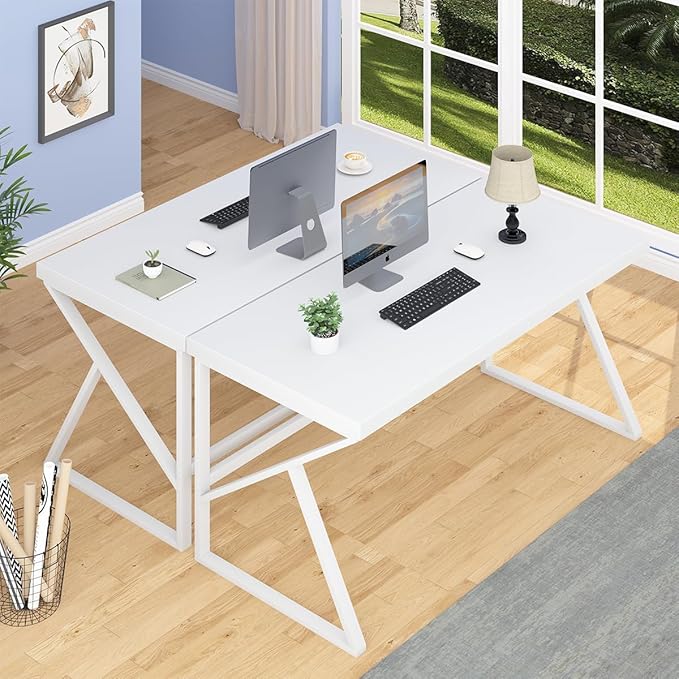 HSH White Desk, Modern Home Office PC Laptop Desk, Large Industrial Metal Wood Desk for Executive Writing Work Study Gaming, Long Student Computer Table for Bedroom Living Room, White Oak, 60 Inch - LeafyLoom