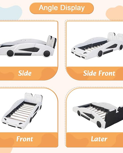 Twin Size Bed Frame for Kids, Race Car-Shaped Wooden Platform Bed with Guardrail and Upholstered Headboard, Wheels and Support Slats, for Boys Girls Child's Bedroom, No Spring Need (White) - LeafyLoom