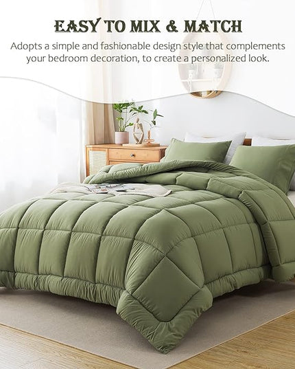 WhatsBedding Twin Size Comforter Set, Sage Green Lightweight All Season Soft Down Alternative Bed Comforter, Bedding Set with 1 Pillowcases, Twin, 64"x88" - LeafyLoom