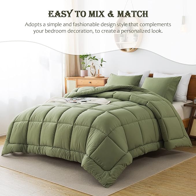 WhatsBedding Twin Size Comforter Set, Sage Green Lightweight All Season Soft Down Alternative Bed Comforter, Bedding Set with 1 Pillowcases, Twin, 64"x88" - LeafyLoom
