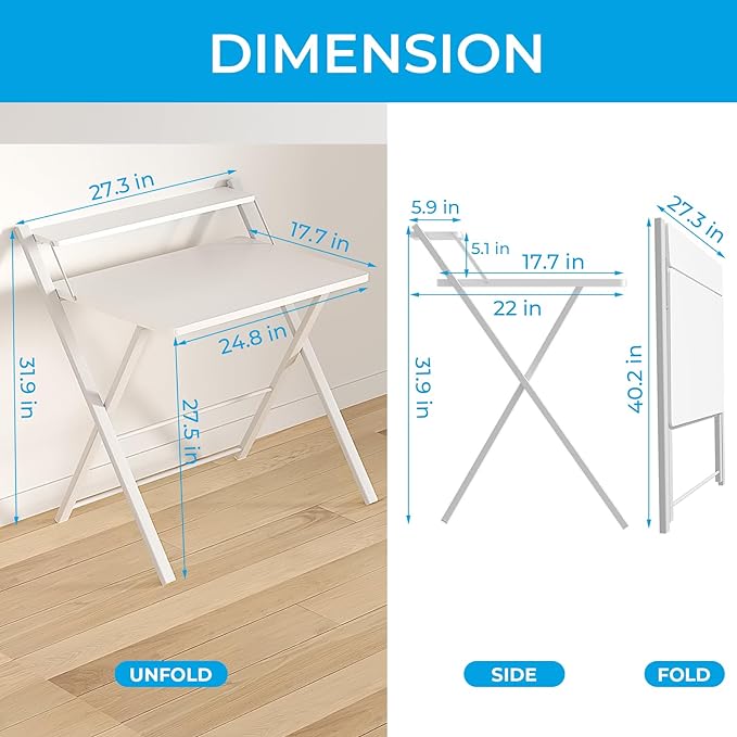 GreenForest Folding Desk No Assembly Required Small Size, 2-Tier Foldable Computer Desk with Shelf for Home Office, Space Saving Portable Laptop Study Foldable Table for Small Spaces, White - LeafyLoom