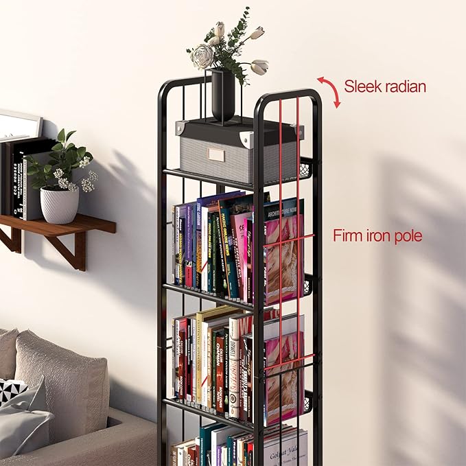 Bookshelf Storage Shelf Bookcase Freestanding Storage Stand for Living Room, Bedroom, Kitchen Rust Resistance Easy Assembly Free Combination Multi-Functional Organizer (5 Tiers, Black) - LeafyLoom
