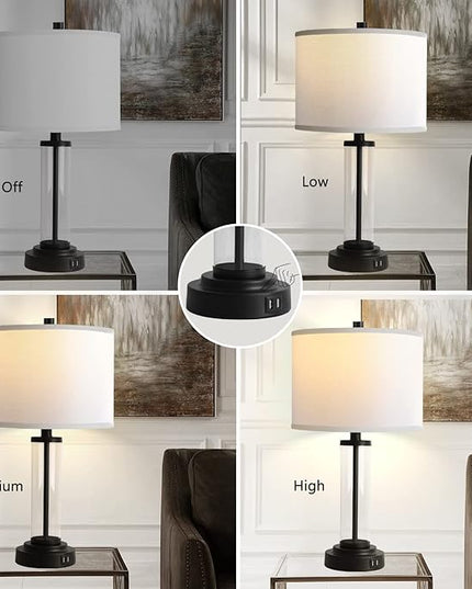 QiMH Touch Control Table Lamps Set of 2 with USB Ports, 3-Way Dimmable Bedside Lamp for Living Room Bedroom House, Modern Nightstand Lamp with 2 LED Bulbs(Black) - LeafyLoom