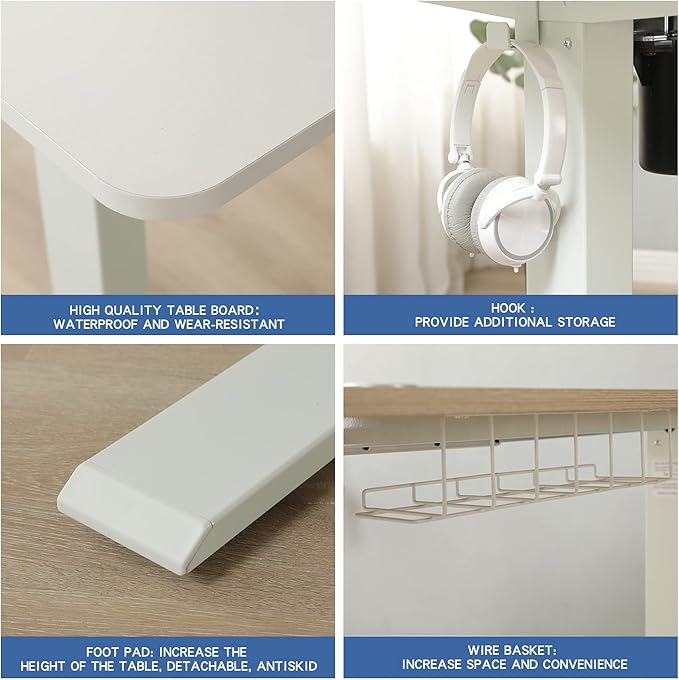 Adjustable Height Electric Standing Desk - 63 x 30 Inch Sit Stand Computer Desk with Splice Board, Stand Up Desk Table for Home Office, White Frame/White and Oak Top - LeafyLoom