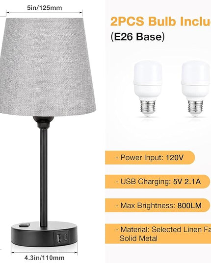 Grey Bedside Lamps for bedrooms Set of 2 - Nightstand Bedroom Lamp with USB C Port and AC Outlet Charging, 3 Way Dimmable Touch Control Small Bed Side Table Lamp, Night Stand Light for Kids/Guest Room - LeafyLoom