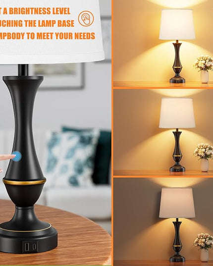 Touch Lamps for Bedrooms Set of 2 - Nightstand Table Lamp with USB C+A, 3 Way Dimmable Bedside Lamps for Living Room End Tables Set of 2, Farmhouse Night Stand Lamps for Bed Side Guest Room(White) - LeafyLoom