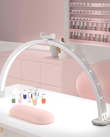 Half Moon Light for Nail Desk, 28 Inch Stepless Touch Adjustment Half Moon Table Lamp with Phone Holder, for Eyelash Extensions, Tattoo, Nail Art Lighting - LeafyLoom