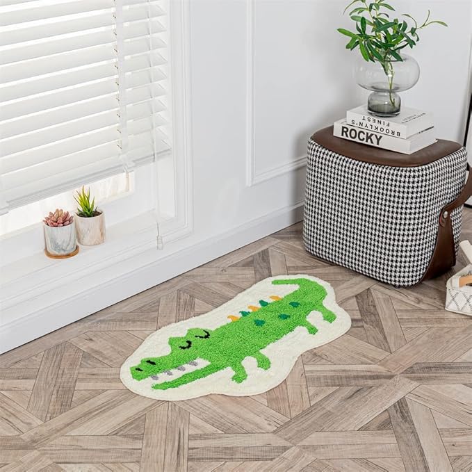 Green Crocodile Shaped Rug Cute Faux Animal Print Bathroom Rug Bath Mat Bath Carpet Shower Rug for Home Decor Bathroom Tub Floor Water Absorption Non-Slip Small Carpet Door Mat Playmat 15.7x29.5in - LeafyLoom