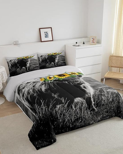 Highland Cow Comforter Set King Size for Adult Women Sunflower Cow Print Bedding Farmhouse Decor Wild Animal Cows with Gray Fur Quilted Duvet Decor 3 Pcs Bedding ,1 Duvet Cover + 2 Pillowcases - LeafyLoom