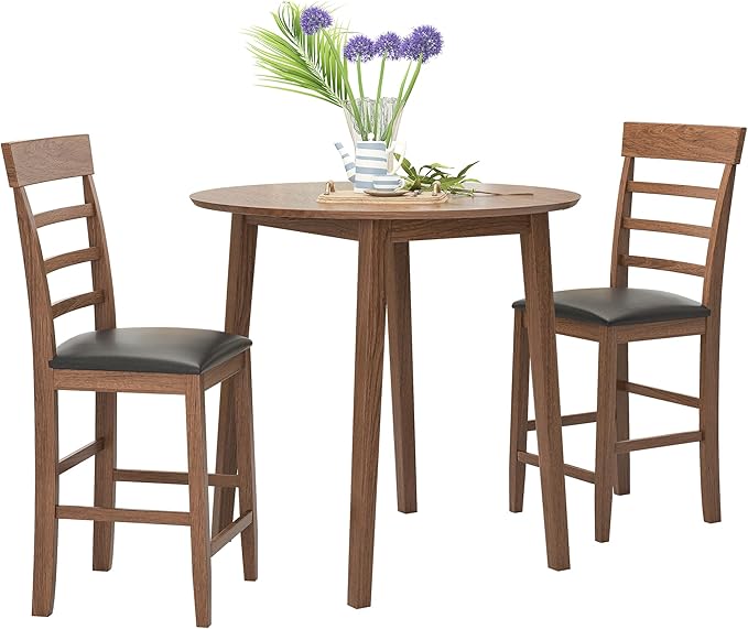NicBex Small Dining Table for 2 Breakfast Nook Table Set 3Pcs Retro Round Counter Height Drop-Leaf Table with 2 Upholstered Chairs Dining Table Set Pub Set for Small Space Kitchen, Walnut - LeafyLoom