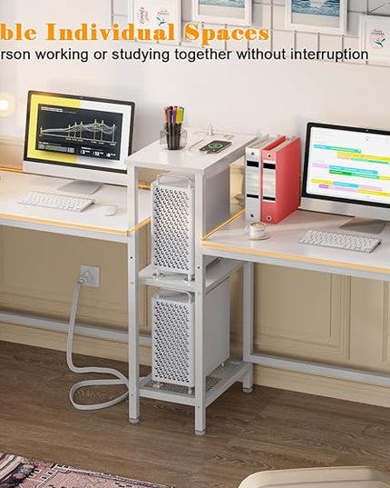 Furologee White 71" Double Gaming Desk, Extra Long 2 Person Computer Desk with Book Shelf and Cloth Bag, Large Office Desk Study Writing Table with Hooks for Home Office (NO Power Outlets) - LeafyLoom