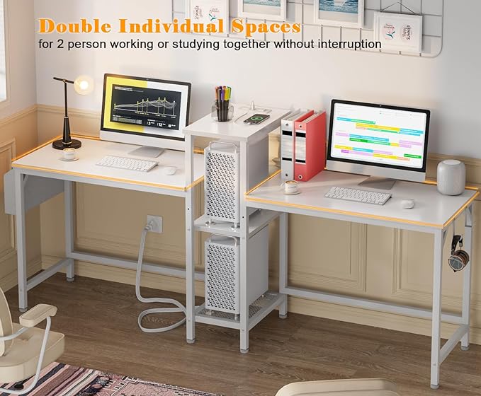 Furologee White 71" Double Gaming Desk, Extra Long 2 Person Computer Desk with Book Shelf and Cloth Bag, Large Office Desk Study Writing Table with Hooks for Home Office (NO Power Outlets) - LeafyLoom