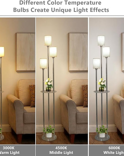 Floor Lamps for Living Room, 3-Lights Modern Floor Lamp with Shelves, Chrome Standing Lamp with Fabric Shade and Foot Switch, Shelf Standing Lamps with Table, Tall Lamps for Bedroom Office - LeafyLoom