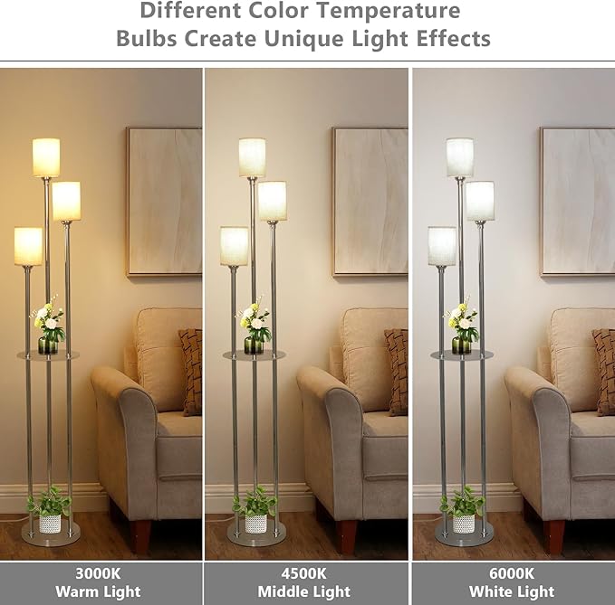 Floor Lamps for Living Room, 3-Lights Modern Floor Lamp with Shelves, Chrome Standing Lamp with Fabric Shade and Foot Switch, Shelf Standing Lamps with Table, Tall Lamps for Bedroom Office - LeafyLoom