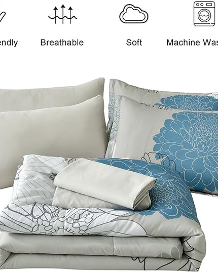 Yiran 7 Pieces Bed in a Bag King Comforter Set Blue Floral Comforter Sets Soft Microfiber Flowers Bedding Set (1 Comforter 1 Flat Sheet 1 Fitted Sheet 2 Pillowshams 2 Pillowcases) - LeafyLoom