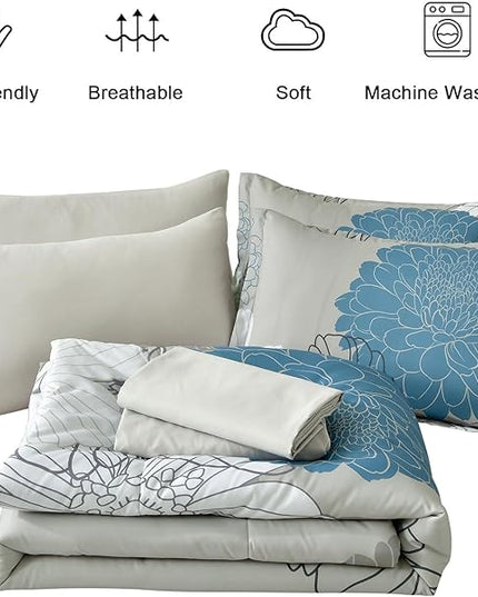 Yiran 7 Pieces Bed in a Bag Blue Floral Comforter Set Queen Size Flowers Comforter Set Soft Microfiber Bedding Set (1 Comforter 1 Flat Sheet 1 Fitted Sheet 2 Pillowshams 2 Pillowcases) - LeafyLoom