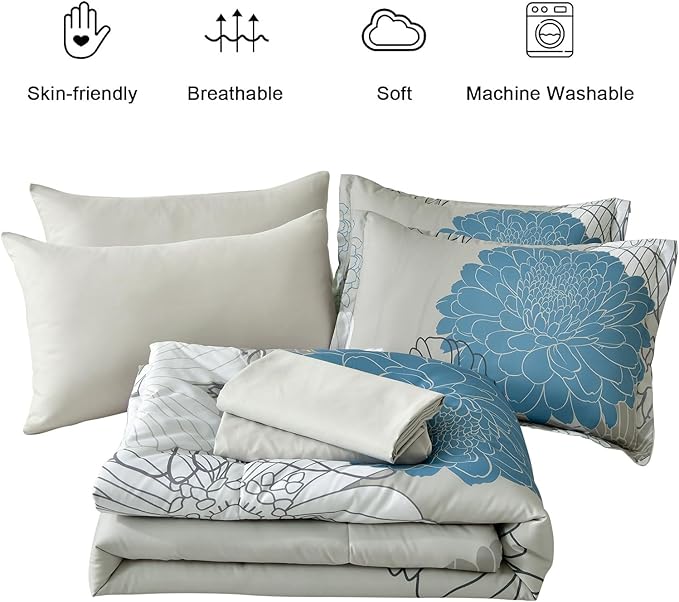 Yiran 7 Pieces Bed in a Bag Blue Floral Comforter Set Queen Size Flowers Comforter Set Soft Microfiber Bedding Set (1 Comforter 1 Flat Sheet 1 Fitted Sheet 2 Pillowshams 2 Pillowcases) - LeafyLoom