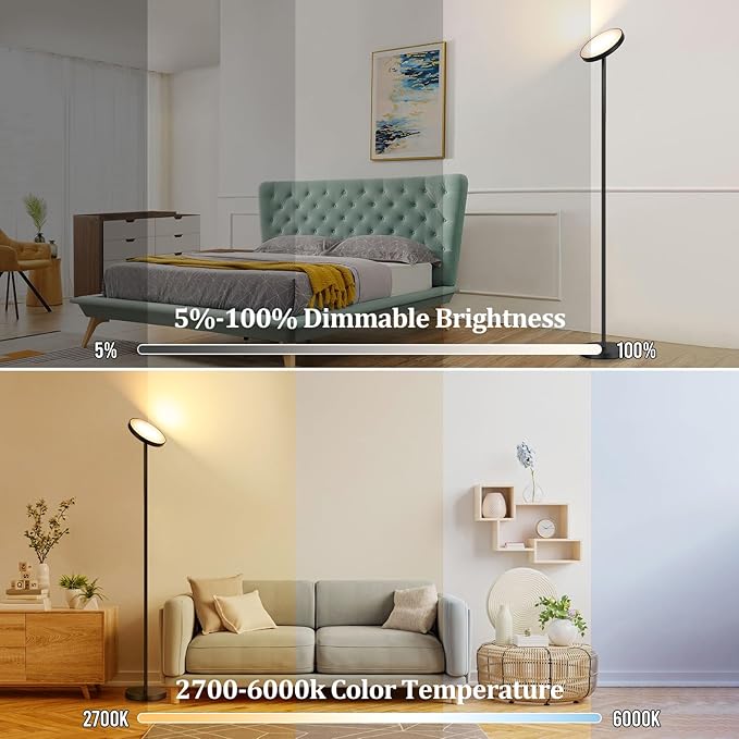 Floor Lamp, 2400LM Bright Floor Lamp for Living Room, LED Modern Torchiere Floor Lamp with 2700K-6000K Stepless Dimming, 69" Tall Standing Lamp with Remote & Foot Switch for Bedroom Office - LeafyLoom