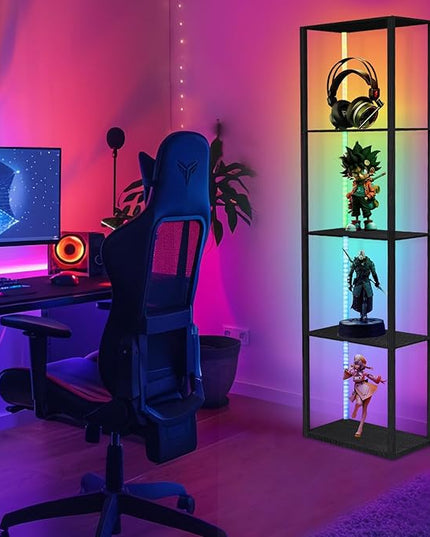 Corner Floor Shelf Light Dispaly: 5 Tiers Tall Corner Shelf Display Case Cabinet - Dimmable LED Corner Shelf with Light,Display Shelf Corner Shelves with Light - LeafyLoom