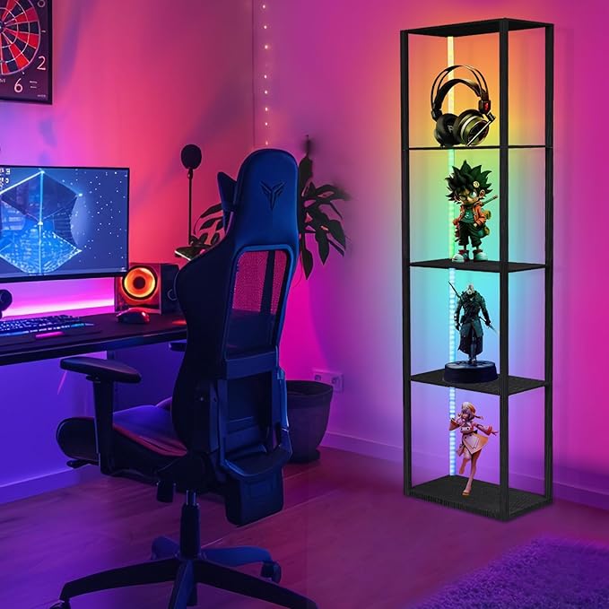 Corner Floor Shelf Light Dispaly: 5 Tiers Tall Corner Shelf Display Case Cabinet - Dimmable LED Corner Shelf with Light,Display Shelf Corner Shelves with Light - LeafyLoom