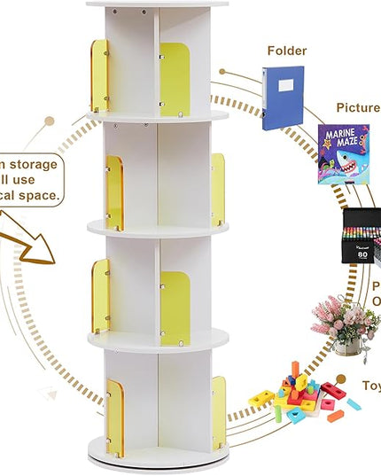 VECELO Rotating Bookshelf, 4-Tier Small Corner Display with Acrylic Window, Ideal Storage Solution for Kids and Adults in Bedrooms, Living Rooms, Space Efficient and Elegant White Design - LeafyLoom