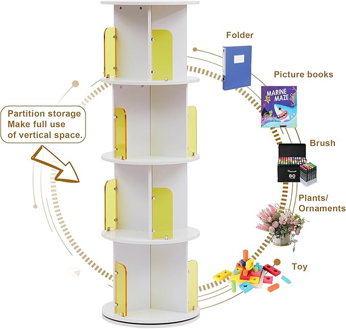 VECELO Rotating Bookshelf, 4-Tier Small Corner Display with Acrylic Window, Ideal Storage Solution for Kids and Adults in Bedrooms, Living Rooms, Space Efficient and Elegant White Design - LeafyLoom
