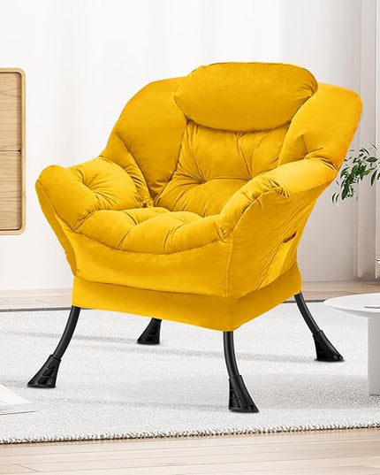 Fabric Lazy Chair Large Accent Chair,Velvet Frabic Modern Lounge Reading Chair with Armrests & Side Pocket,Upholstered Armchair for Living Room,Bedroom,Dorm,Yellow - LeafyLoom