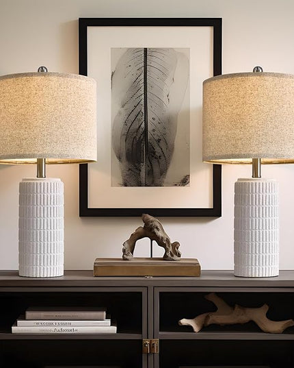 PoKat 23" Table Lamp, Farmhouse Bedside Lamps for Bedroom Set of 2, Ceramic End Table Lamps for Living Room, Traditional Nightstand Desk Lamps, Frosted White Lamps, Medium - LeafyLoom