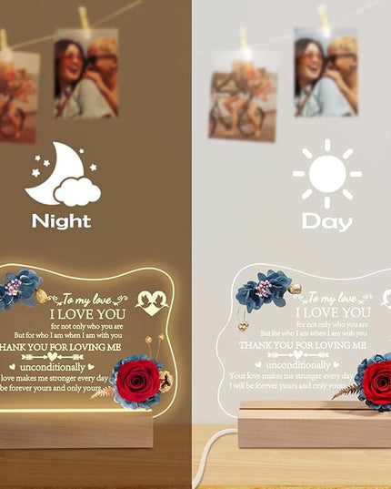 Yamonic Valentines Day Gifts for Her, Handmade Acrylic Plaque with Eternal Real Rose, Night Light with Preserved Rose Romantic Gifts for Girlfriend Wife Women (to My Love) - LeafyLoom