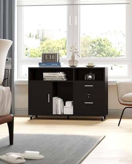 YITAHOME Wood Lateral File Cabinet, 2 Drawer Mobile Storage Cabinet, Fits A4, Letter Size Files, Printer Stand with Open Storage Shelves, Modern Filing Cabinet for Home Office, Black - LeafyLoom