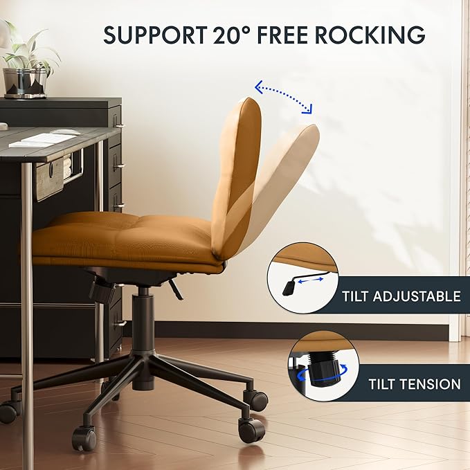 FLEXISPOT Criss Cross Chair with Wheels, Vanity Chair with High Back, Criss Cross Office Chair, Armless Desk Chair with Comfy Wide Seat Cushion for Home Office（Golden Brown） - LeafyLoom
