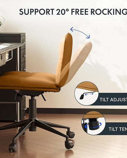 FLEXISPOT Cross Legged Office Chair for Vanity Desk Criss Cross Chair with Wheels Armless Office Chair Vanity Chair Comfy Wide Seat Cushion PU Leather(Brown) - LeafyLoom