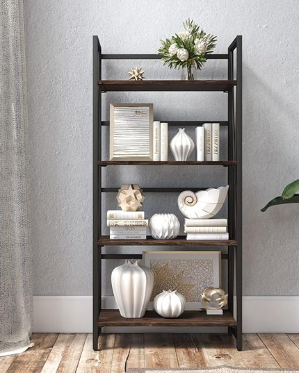 WOOD&LIFE 4 Tier Folding Bookshelf, Easily Assembled Bookcase Industrial Freestanding Multifunctional Decorative Storage Shelf, Rustic Vintage Wooden Metal Bookcase for Living Room Home Office - LeafyLoom