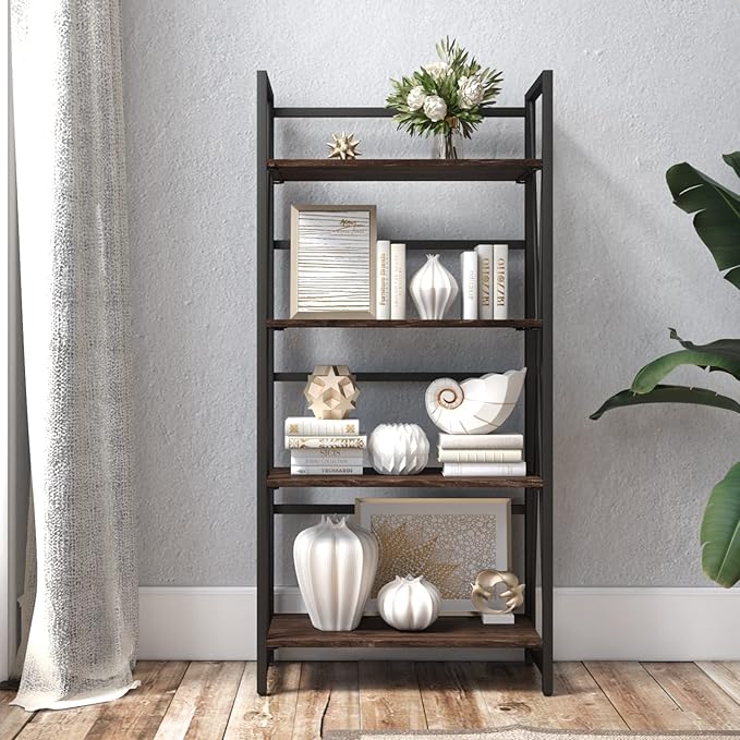 WOOD&LIFE 4 Tier Folding Bookshelf, Easily Assembled Bookcase Industrial Freestanding Multifunctional Decorative Storage Shelf, Rustic Vintage Wooden Metal Bookcase for Living Room Home Office - LeafyLoom