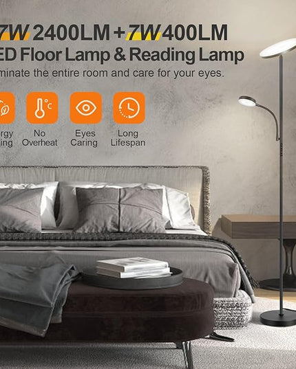 OUTON LED Floor Lamp, 27W/2400LM Modern Torchiere Lamp & 7W/ 400LM Reading Lamp, Bright Dimmable Standing Tall Lamp with 4 Color Temperature, Remote Touch Control for Living Room Bedroom Office, Black - LeafyLoom
