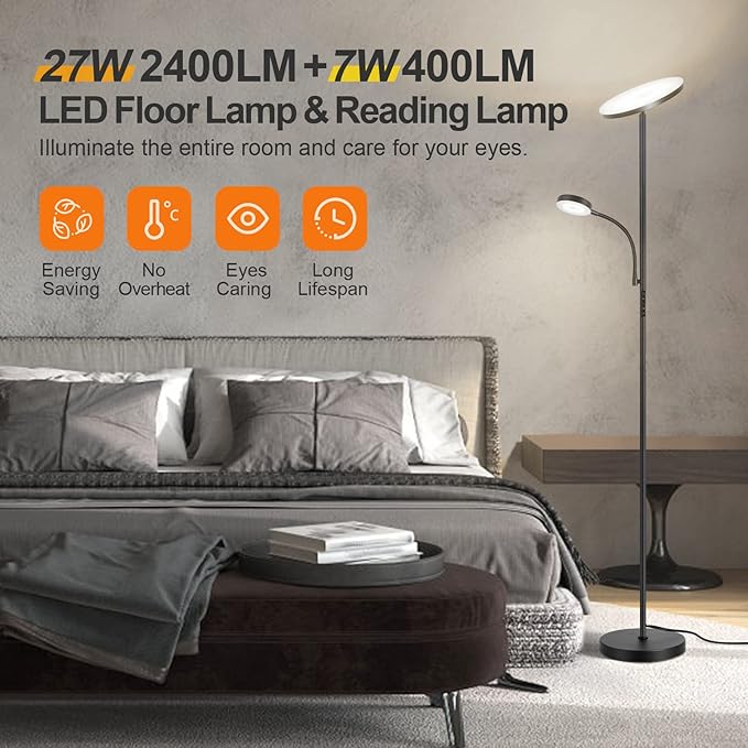 OUTON LED Floor Lamp, 27W/2400LM Modern Torchiere Lamp & 7W/ 400LM Reading Lamp, Bright Dimmable Standing Tall Lamp with 4 Color Temperature, Remote Touch Control for Living Room Bedroom Office, Black - LeafyLoom
