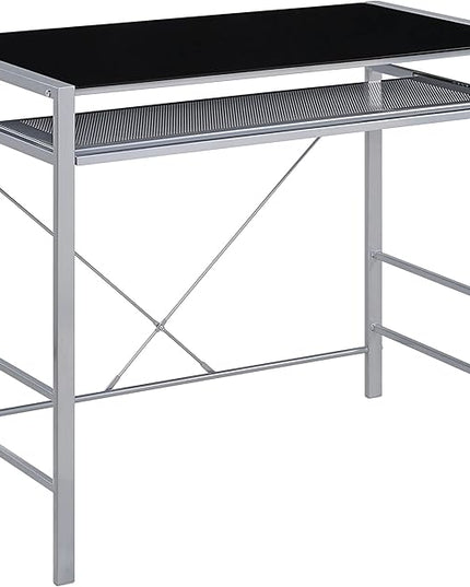 OSP Home Furnishings Zephyr Computer Desk with Keyboard Shelf and Tempered Glass Top, Black Glass and Silver Frame - LeafyLoom